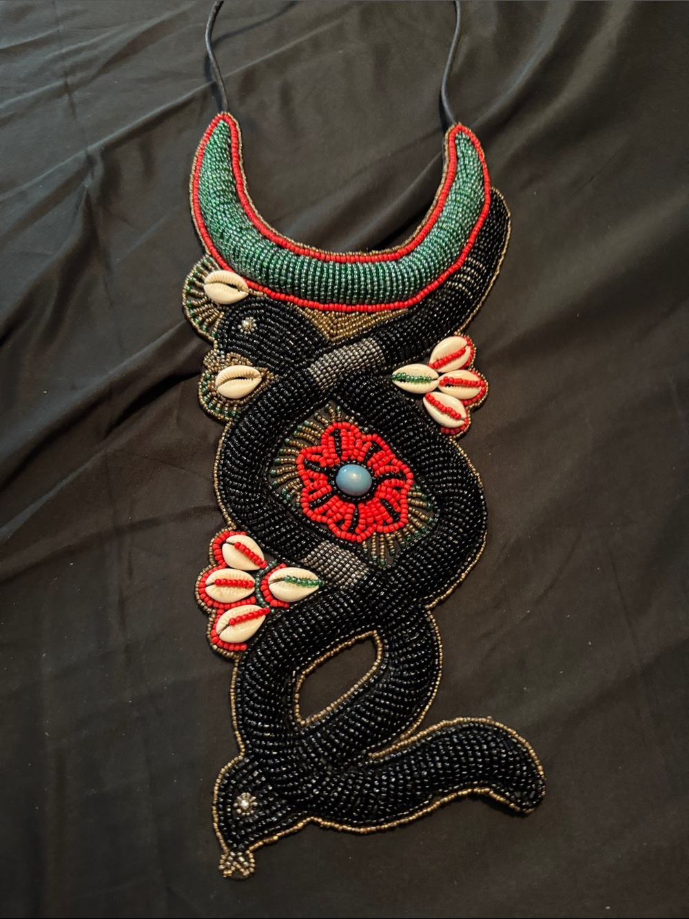 Hand-Beaded Snake Statement Necklace in Black, Red & Green